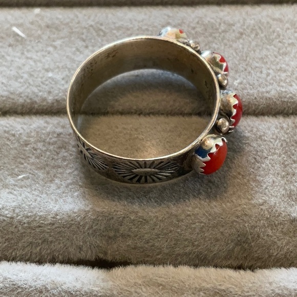 Southwest Red Coral 925 Sterling Silver Ring - Picture 2 of 4